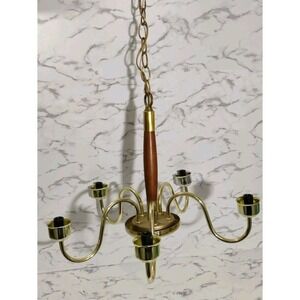 Danish Mid Century Modern Teak Wood and Brass 5-Arm Electric Chandelier Vtg Mcm